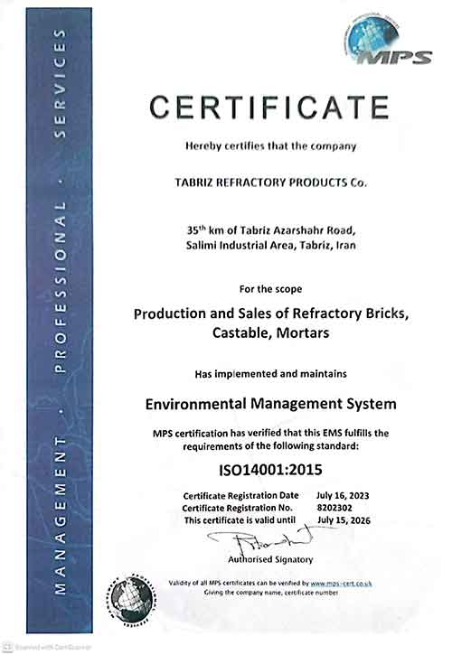 tabriz refractory certificates standards 2 m