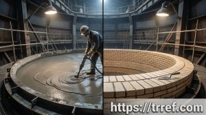 مقایسه جرم ریختنی و آجر نسوز در ساخت کوره – سمت چپ ویبره‌کست جرم LCC، سمت راست چیدمان آجر آلومینایی ۸۵%