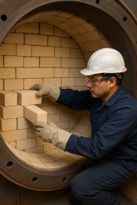 تصویر: نصب آجر نسوز آلومینایی در راکتور FCC پتروشیمی – فرآورده‌های نسوز تبریز