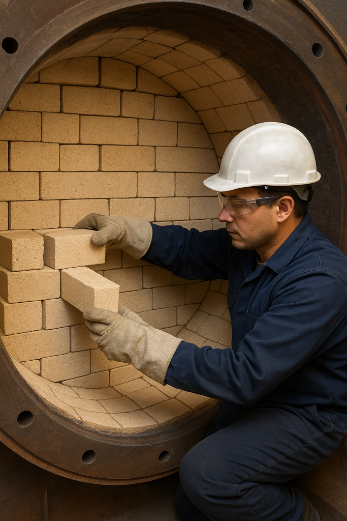 تصویر: نصب آجر نسوز آلومینایی در راکتور FCC پتروشیمی – فرآورده‌های نسوز تبریز