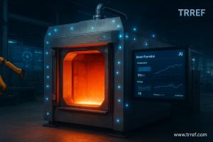 تصویر: کوره صنعتی هوشمند با سنسورهای IoT و کنترل AI در کارخانه فولاد ۲۰۲۵ – فرآورده‌های نسوز تبریز